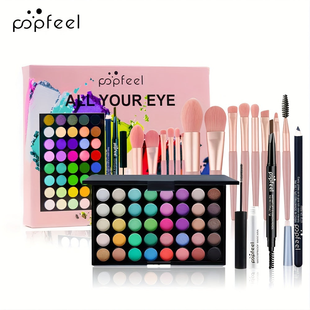 POPFEEL Eye Makeup Set including 40 Color Eyeshadow Palette, Mascara, Eyebrow Pencil, Eyeliner, and 8 Brush Set.