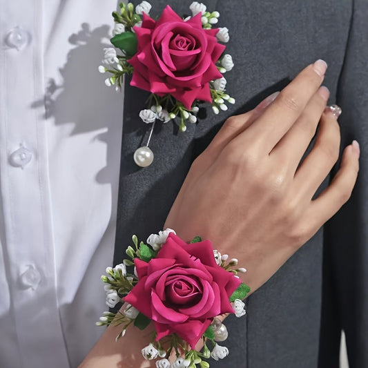 Bridal party accessories such as wrist and chest flowers resembling roses, suitable for bridesmaids, sisters, groomsmen, bride and groom, along with forest-inspired wrist flowers for a unique touch.