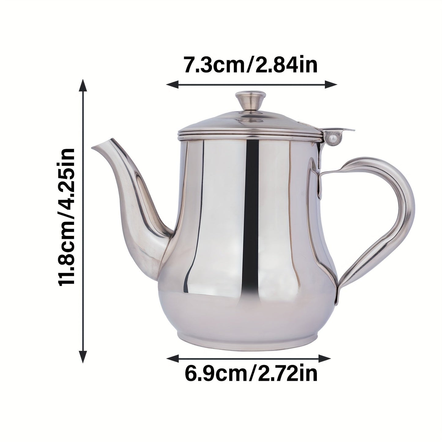 Silver Stainless Steel Gooseneck Teapot with 48oz Capacity and Integrated Filter, BPA-Free Metal Tea Kettle and Coffee Server, Multi-Purpose Oval Table Serving Pot for Home, Restaurant, Outdoor Use. Dishwasher Safe.