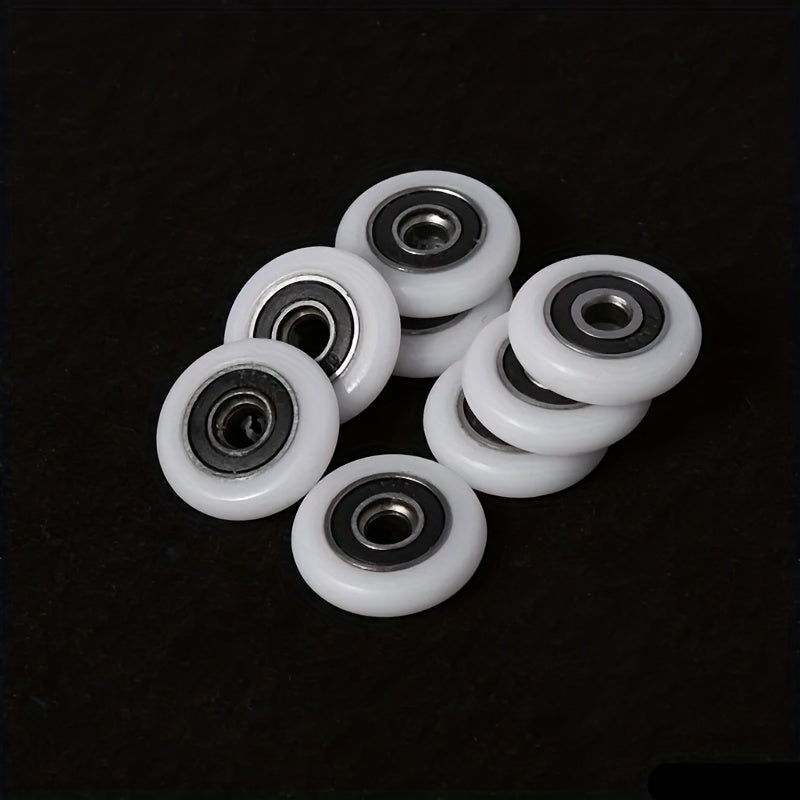 8pcs/lot sliding shower door rollers with plastic & nylon wheels, 5mm bearing bore, for upper & lower runners on bathroom doors; includes bathroom accessories.