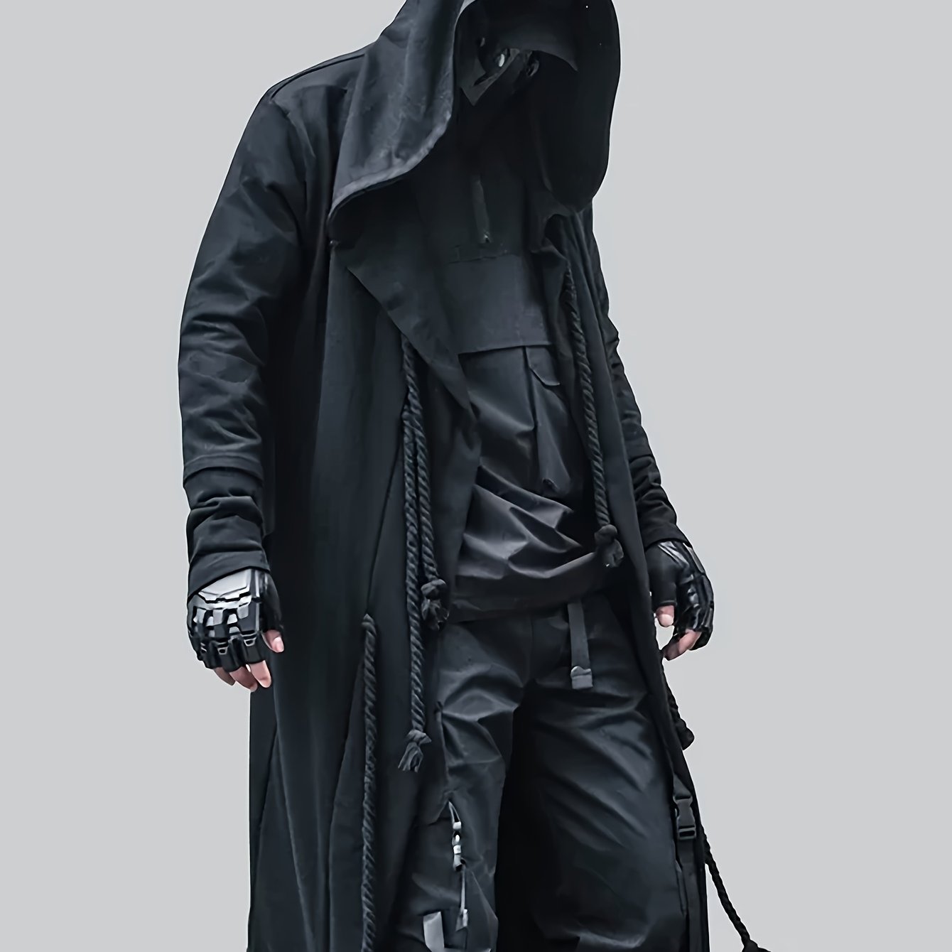 Men's black long shirt cape with hood and rope decoration, stylish streetwear with minimalist design, breathable and skin-friendly.