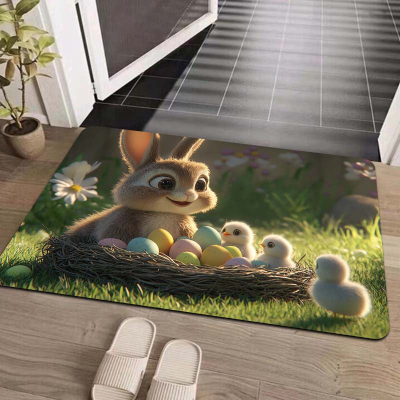 Easter-themed Rug featuring Adorable Rabbit and Chicks design, 8mm Thick Polyester Material for Anti-Slip Properties, Easily Washable Rectangle Mat suitable for Kitchen, Living Room and Bedroom Decor