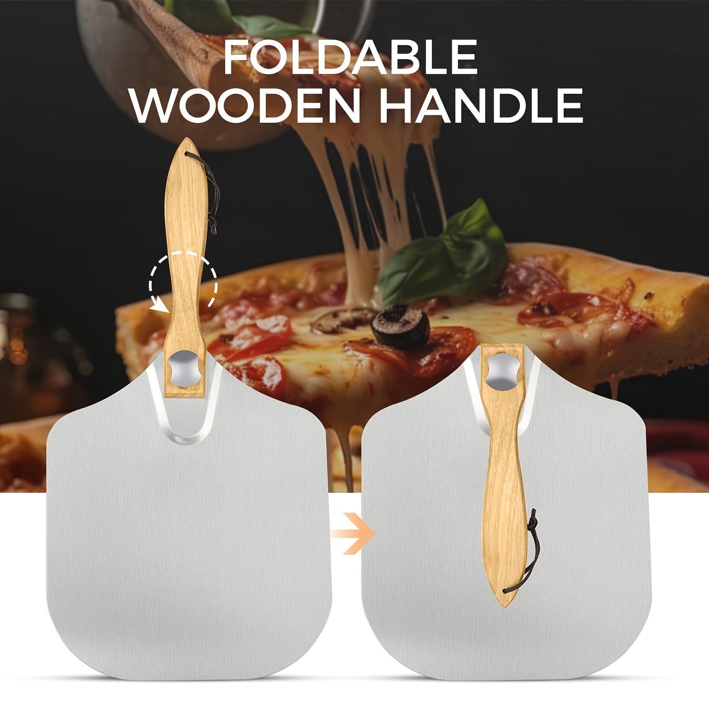 Metal Pizza Peel Set with Wooden Handle, measuring 30.48x35.56 cm. This set includes a Foldable Metal Pizza Peel with Swing Dough Scraper - perfect for Home Pizza Oven Baking. The durable Metal Pizza Board is ideal for handling Dough, Bread, and Pastries.