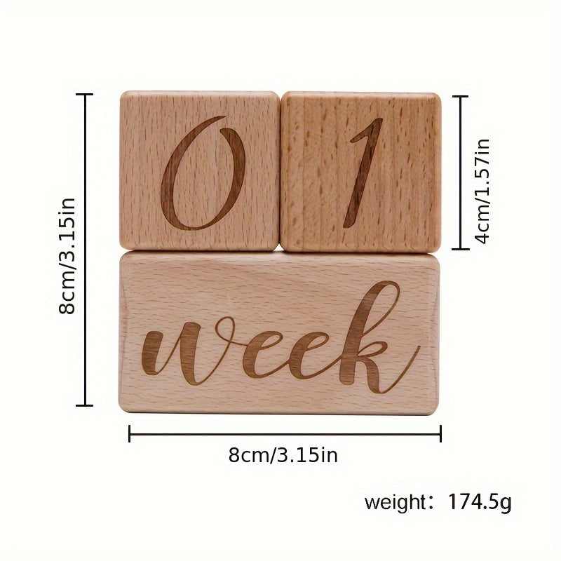 Wooden Milestone Blocks Set - Perfect for Full Moon Photo Props, Celebrating Growth Milestones, Preserving Birth Month Memories. The set includes light brown wood blocks and a cute "Hello World" drawstring bag.