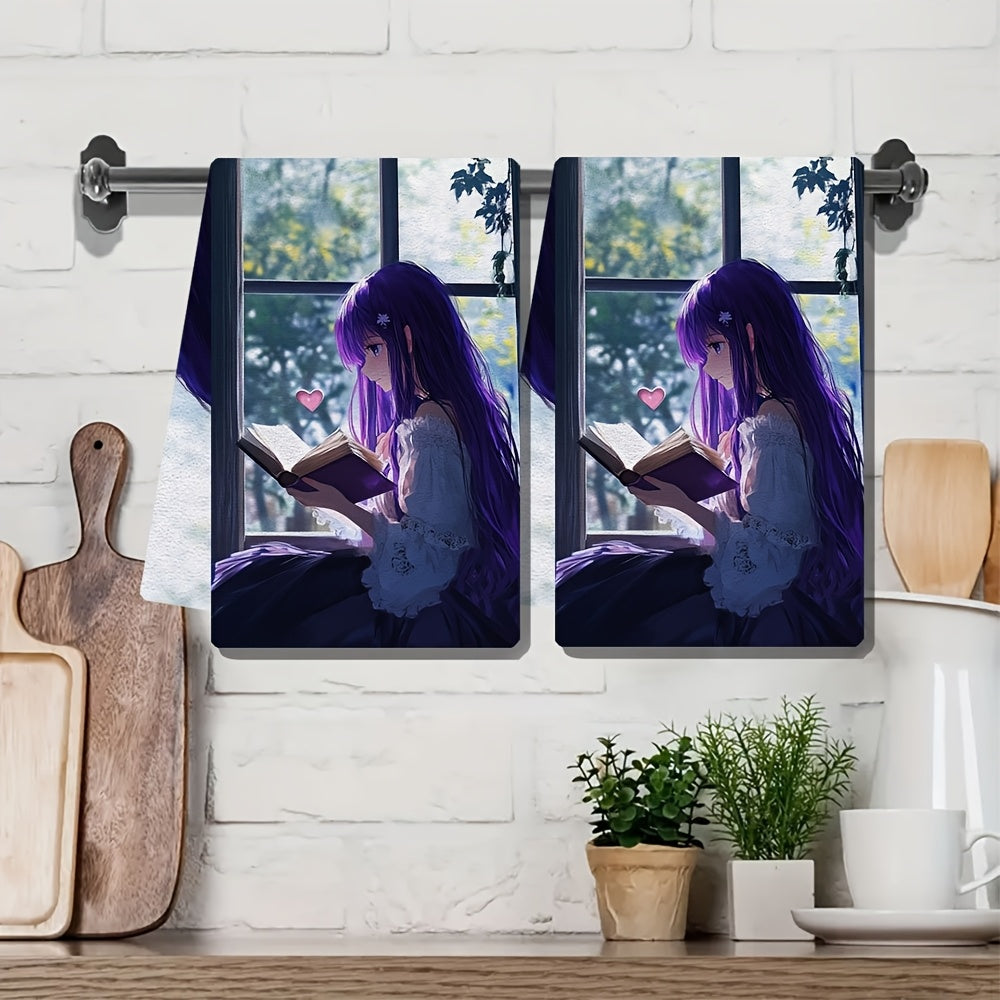 This set includes 2 ultra-soft kitchen towels adorned with an anime girl with long purple hair reading a heart-shaped book by a window. These highly absorbent dish towels are ideal for holiday decoration and can be easily washed in a machine. They