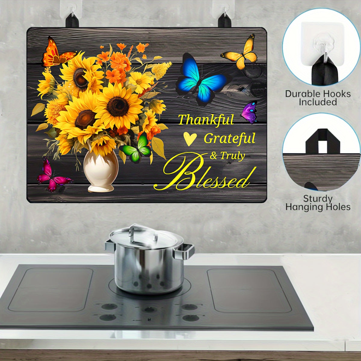 Heat resistant stove top cover with a sunflower design, measuring 28.5x20.5"/72.5x52CM. This glass stove protector is anti-scratch and dishwasher safe, made of natural rubber. Perfect for protecting your stove top during cooking, it can also double as a