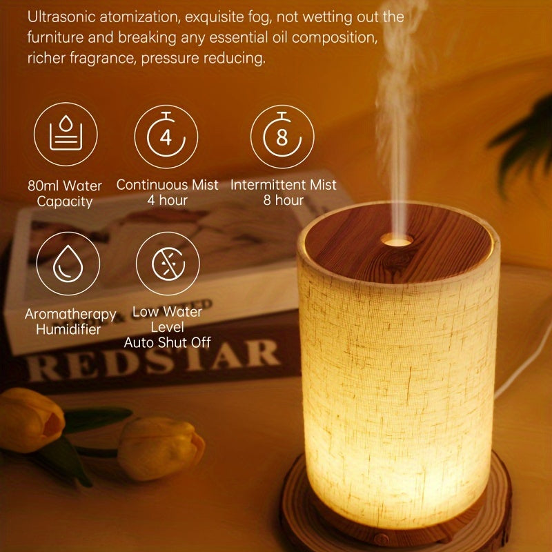 Textured fabric & wooden air humidifier with aromatherapy diffuser, essential oil addition, air purification, auto shut-off, USB powered; ideal for home, bedroom, office, travel gift.