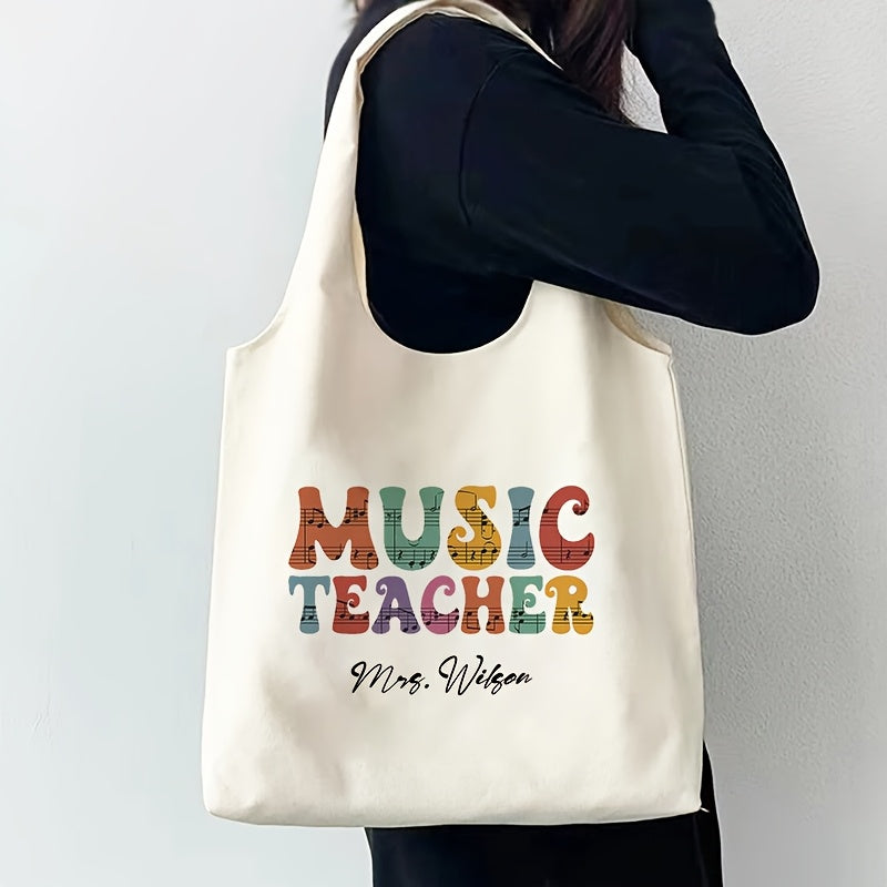 Customized Music Teacher Tote Bag - Durable Polyester Shoulder Bag with Cartoon & Alphabet Print, Easy to Carry, Foldable, Machine Washable - Perfect Present for Music Lovers and Educators