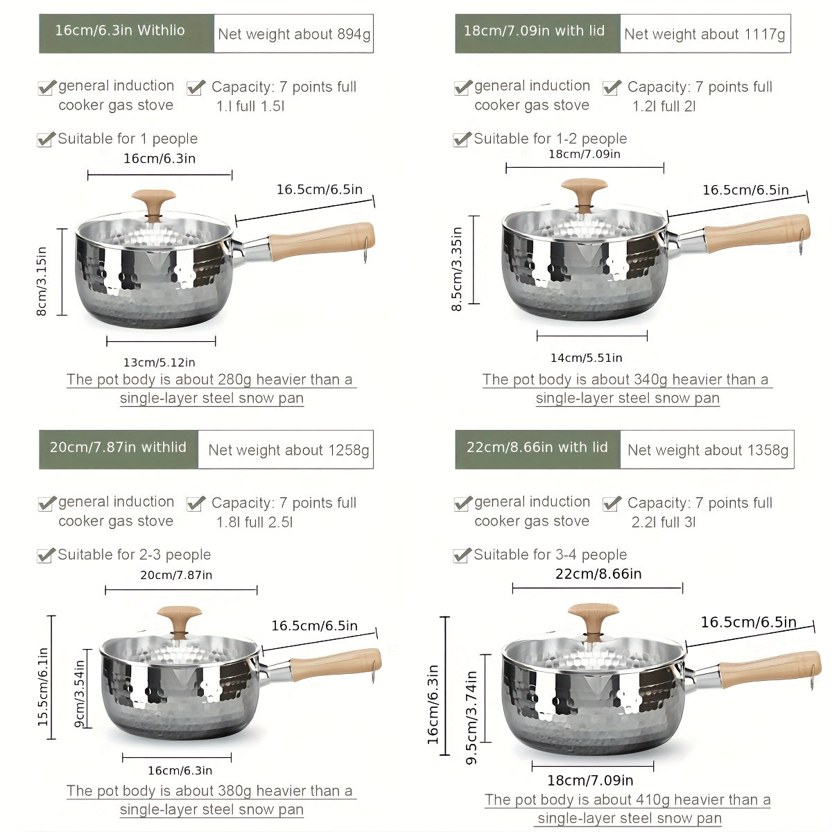 A small soup pot for home use without power supply made of 304 brushed finish stainless steel, featuring a wooden handle and induction compatibility