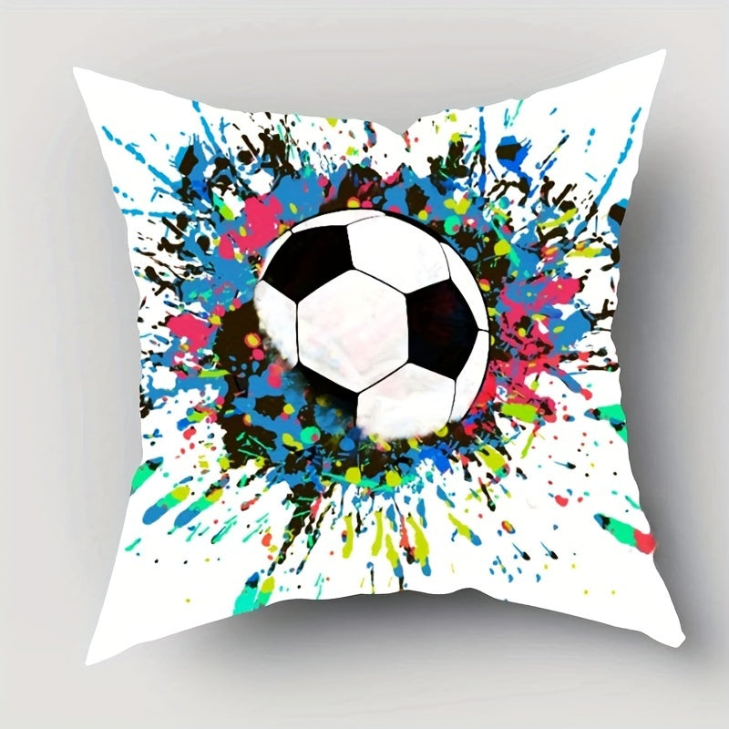 One piece of short plush throw pillow cover featuring a soccer ball print, perfect for decorating the living room, bedroom, dorm room, or home. Pillow core not included. Measures 45.72 x 45.72 cm.