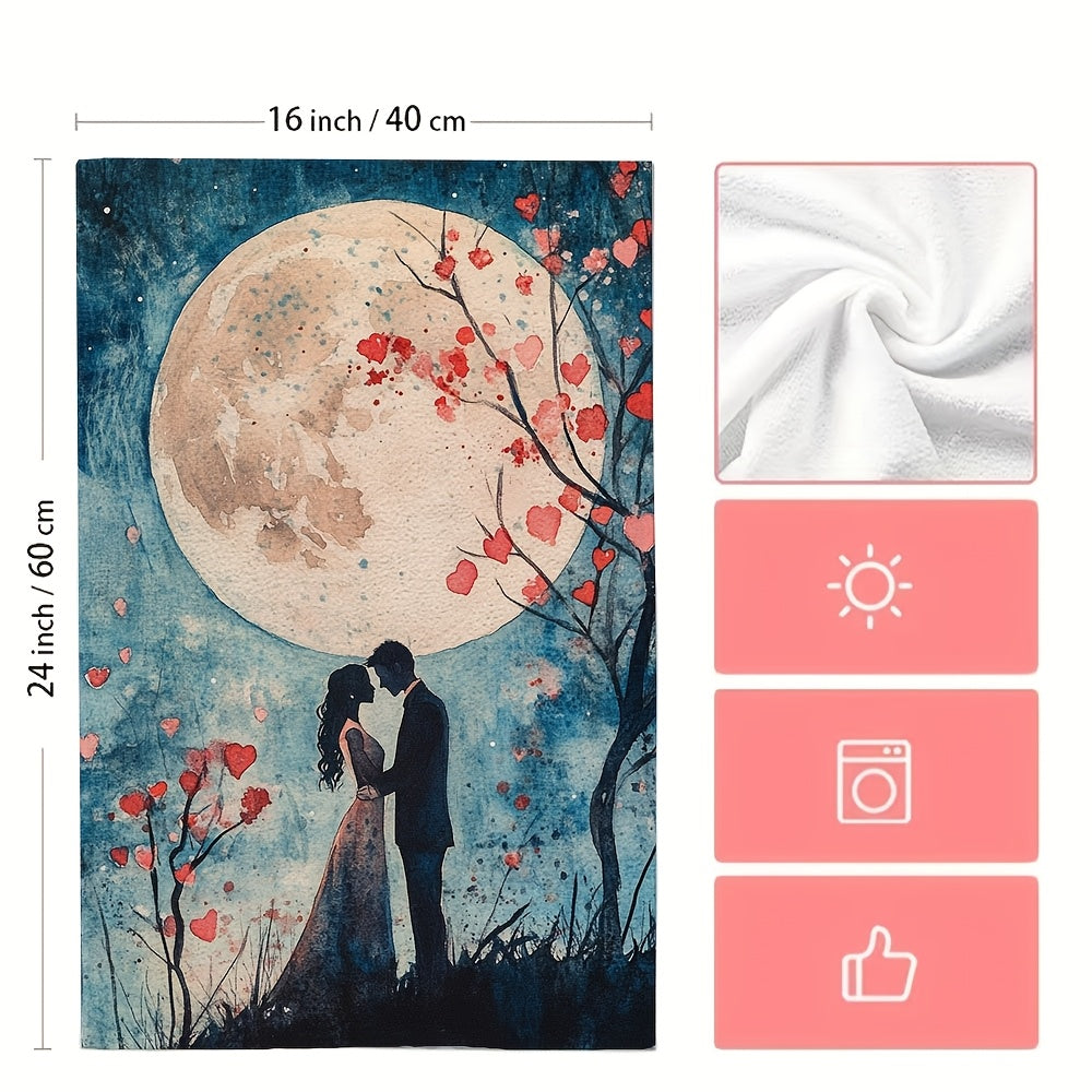 Set of 2 Romantic Moonlit Lovers Kitchen Towels - Made from Ultra Soft, Highly Absorbent Polyester Material, measuring 40.64x60.96 cm - Easy to Clean in Washing Machine, featuring Watercolor Style with Cherry Blossoms & Full Moon Design, Perfect for