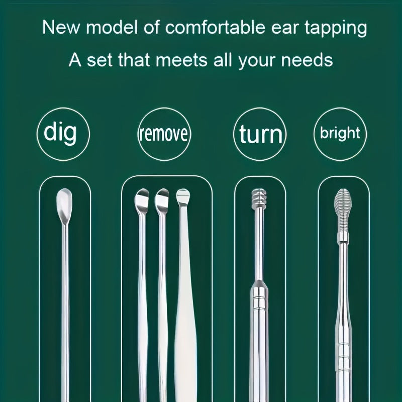 10-piece stainless steel earwax cleaning tool set: includes spiral rotating ear spoon and ear pick spoon for cleaning and collecting earwax.