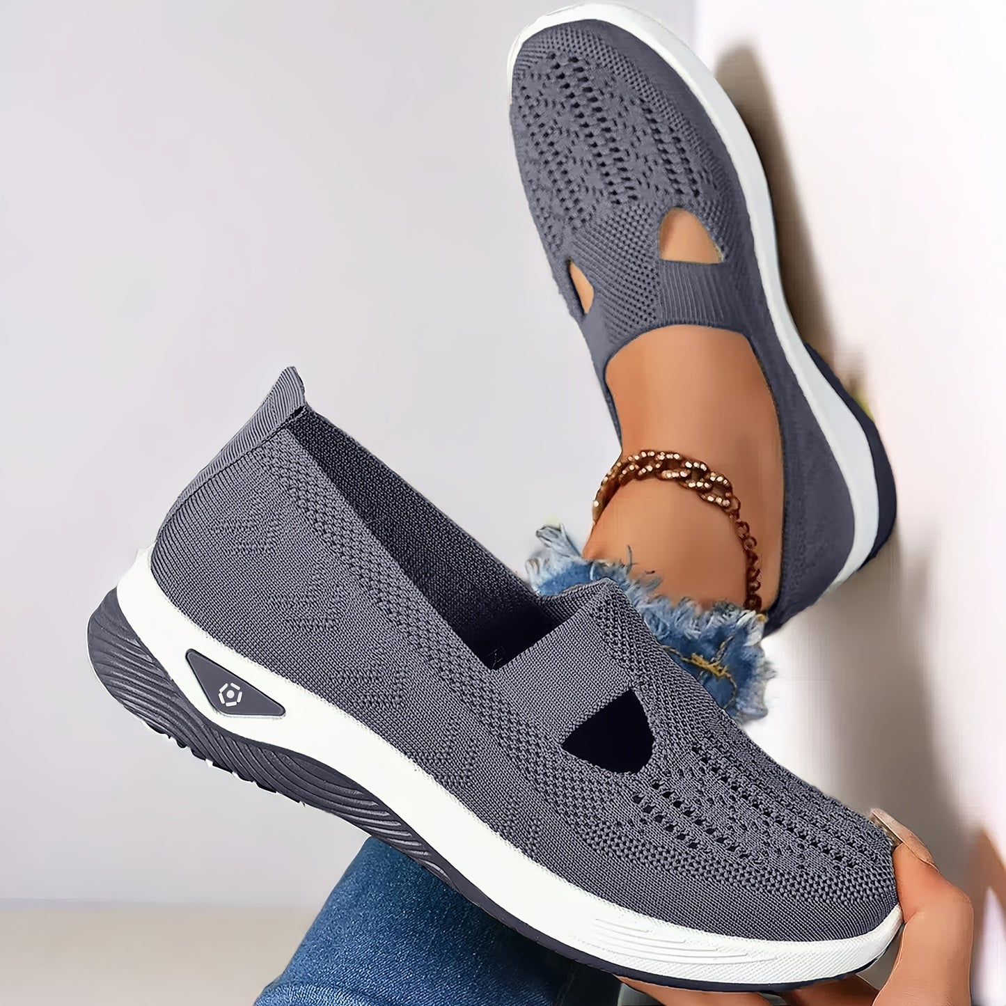 Lightweight and stylish knit sneakers for women in red, beige, green, blue, black, and purple. Features a cut-out design for breathability and a flexible sole for all-season wear.