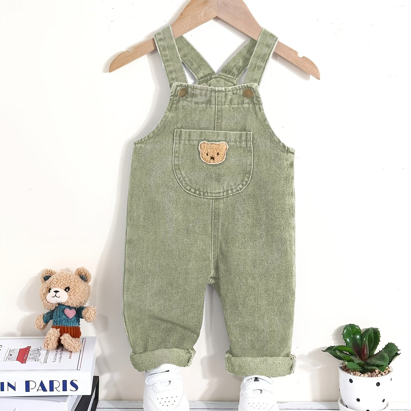 Boys' green denim overalls with bear patch - blend fabric, machine washable, casual style for fall/winter, great for outdoor wear.