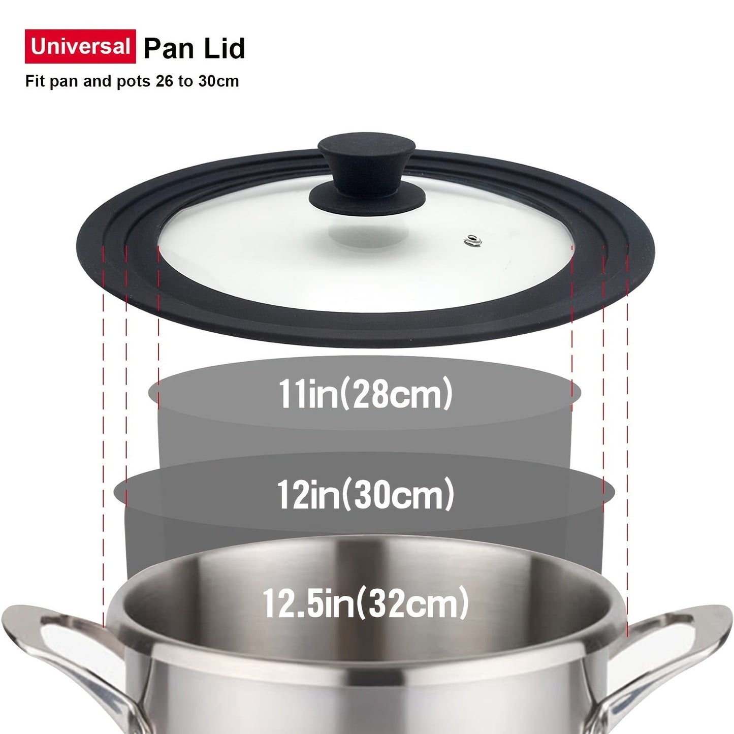 Cover any pot, pan, or frying pan with the 1pc Universal Cover. Made of tempered glass with a heat-resistant silicone edge, this cover fits cookware with a diameter ranging from 9.5" to 12.5".