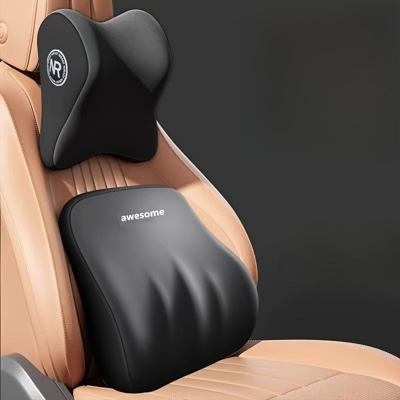 Ergonomic memory foam car seat pillow set with headrest and lumbar support, adjustable strap and breathable design for driving comfort.