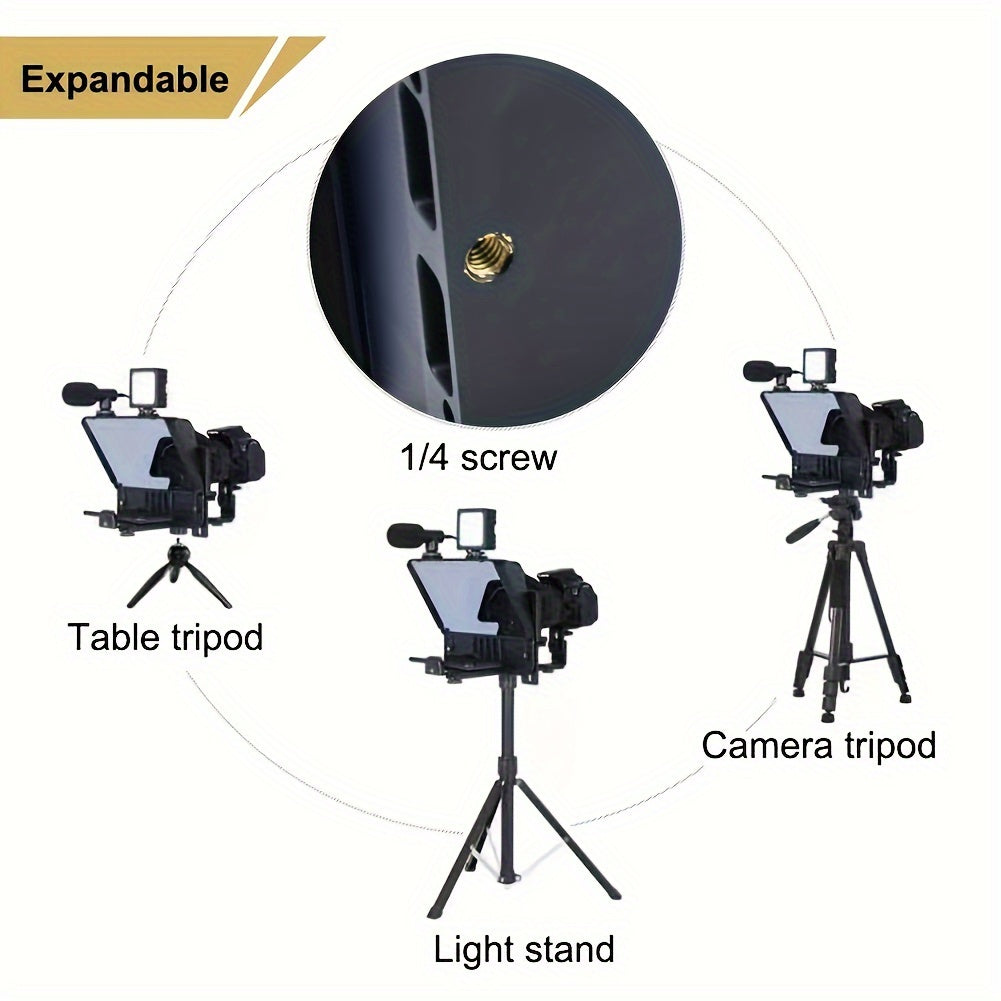 Portable Teleprompter Kit with Smartphone Holder and Remote Control - Compatible with DSLR cameras, live streaming, interviews, stage presentations, and speeches. Lens adapter-friendly