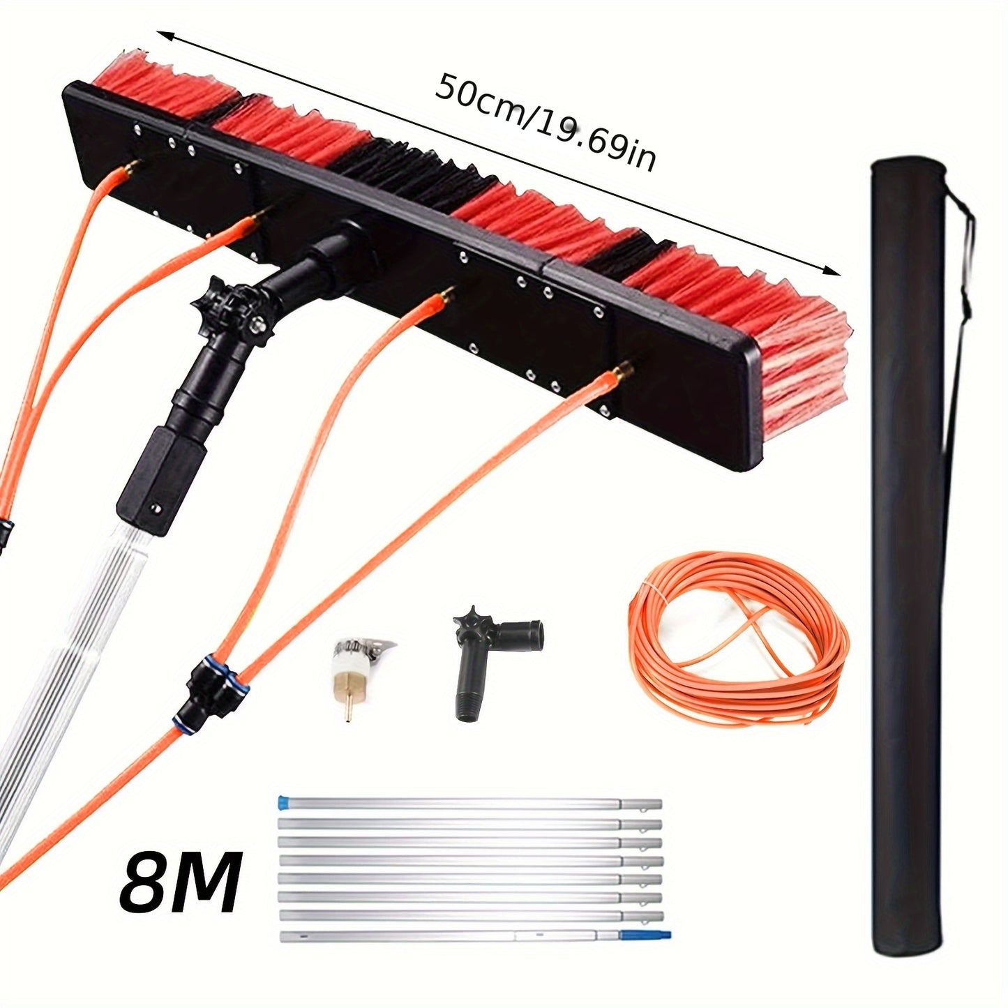 Solar panel cleaning brush set with water flow, uncharged power mode, plastic material, portable telescopic extension pole, multifunctional spray water, easy assembly and disassembly. Solar