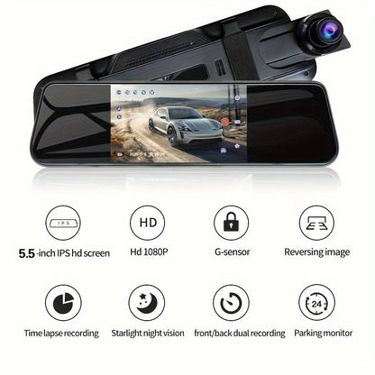 YiXingjia 1080P Ikki Kamera Avtomobil Dash Cam Infraqizil Tungi Ko‘rish, Takroriy Yozuv, Keng Burchakli Linza va 13.97 sm IPS Sensorli Tezkor Ekran - Avtomobillar va Yuk Mashinalari uchun 64GB Kartani o‘z ichiga oladi, YIXINGJIA