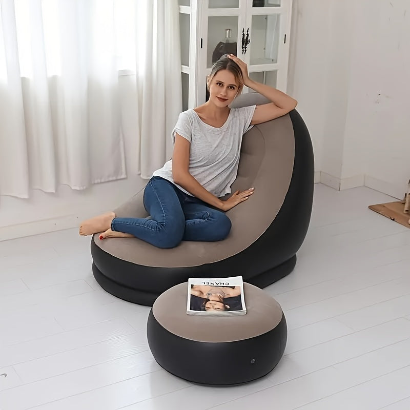 The Khaki Lazy Sofa is a versatile and convenient option for relaxation, whether at home, in the office, or outdoors. This foldable inflatable sofa comes with a foot cushion for added comfort. Made of hand washable PVC, this lounge chair is easy to clean