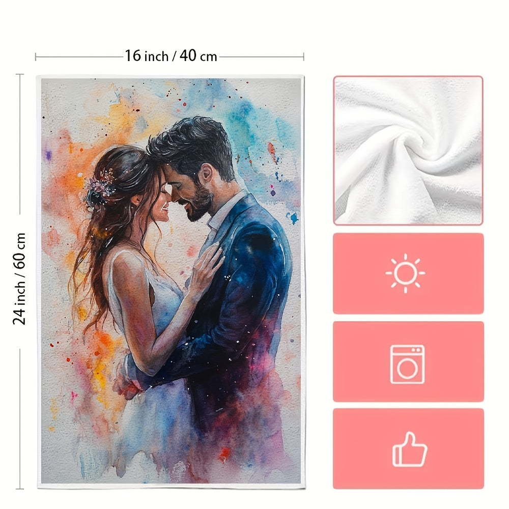 Two pieces of romantic watercolor couple kitchen towels.
These towels are ultra soft and highly absorbent, made of polyester.
With dimensions of 40.64x60.96 cm, they are perfect for drying dishes.
They are machine washable and feature vibrant holiday