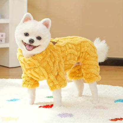 Winter Autumn All-Season Knit Dog Jumpsuit - Machine washable pullover pet outfit made with warm plush fabric and traction hook, featuring a fashion patch and designed for small to medium