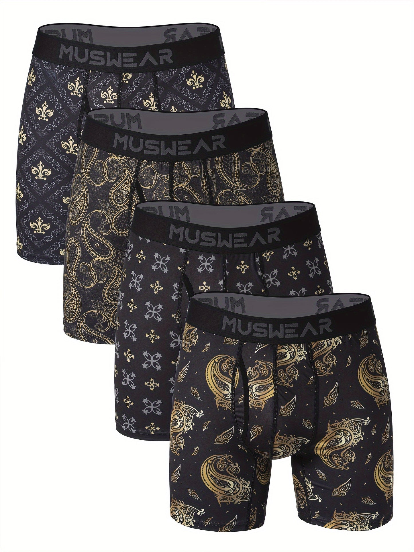 Men's Quick-Dry Boxer Briefs with Baroque Print, Side Openings, Stretchy Polyester & Spandex Blend