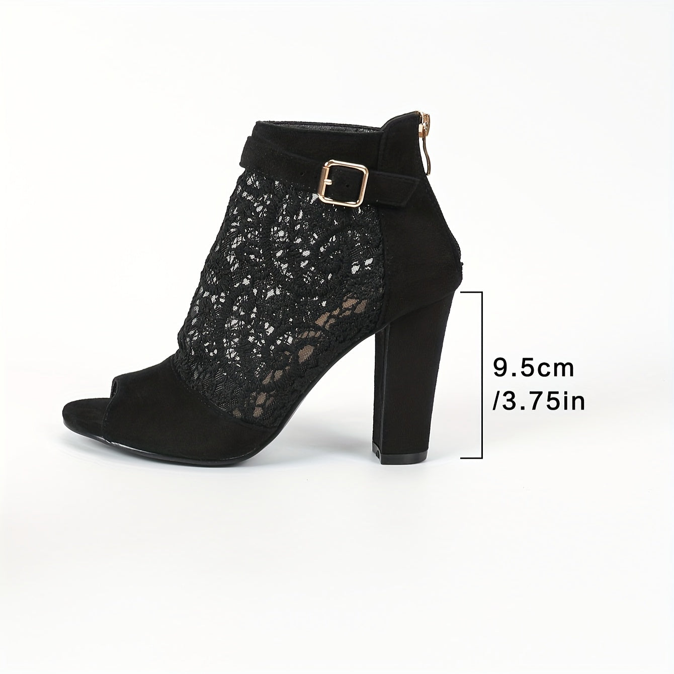 Stylish black floral mesh peep-toe booties with chunky heel and back zipper for all seasons