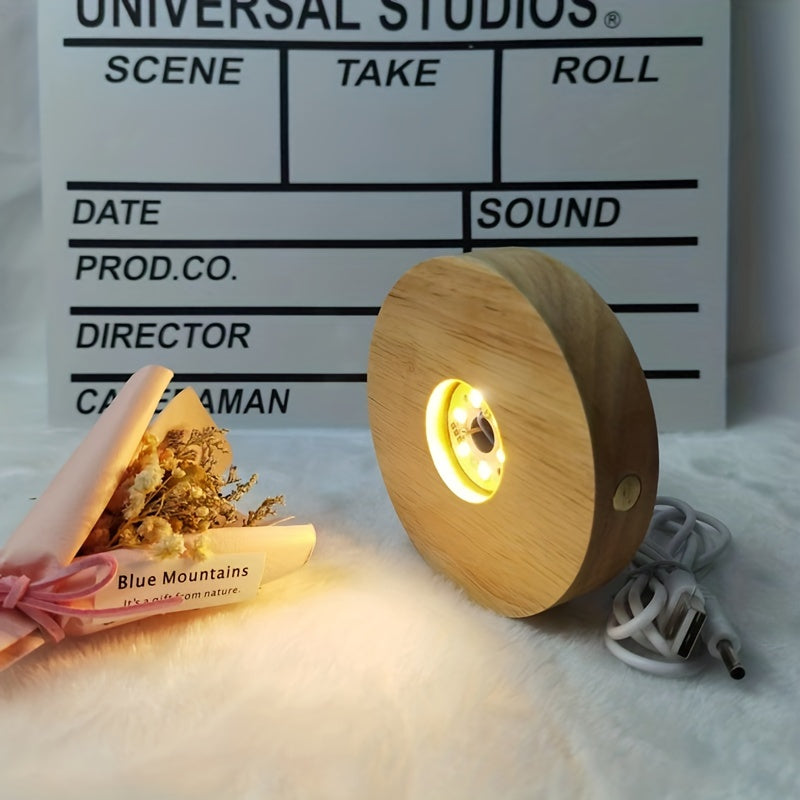 Solid wood lamp with LED lights, perfect for creating a romantic night ambiance. This DIY lamp features a crystal glass base and a switch made of logs. It can be powered by USB and also doubles as a display stand for light rotation. Ideal as a gift for