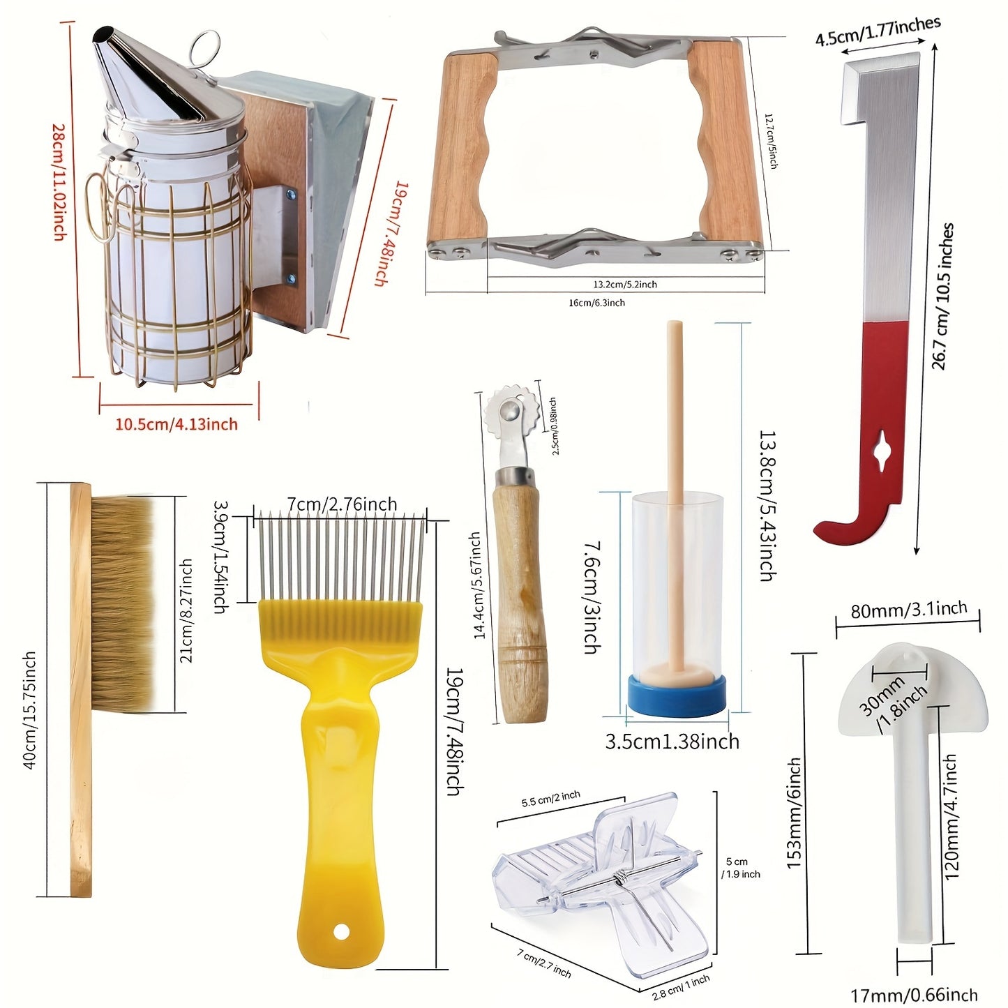 9pcs Beekeeping Tool Kit with stainless steel, wood, and plastic tools and beehive accessories - Perfect gift for beginner beekeepers.