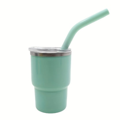 A 3oz car cup pack containing an outer plastic and inner steel construction, with a stainless steel stretch liner and a silicone sleeve straw.