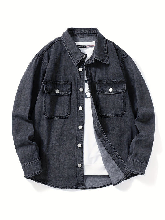 Men's casual denim shirt with lapel collar, loose fit, non-stretch fabric, and pockets. Ideal for spring/fall season.