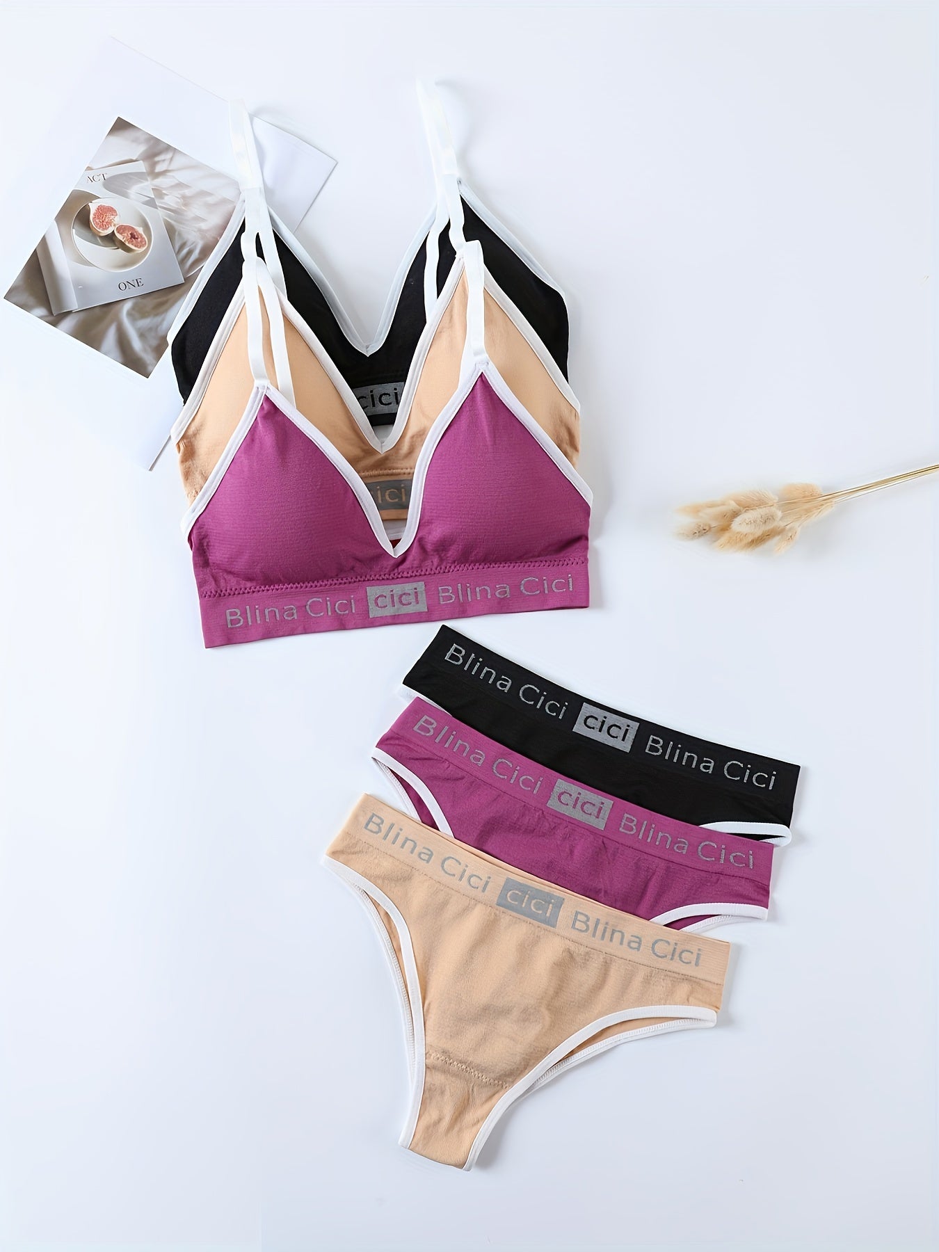 3-piece letter print lingerie set for women, includes a wireless sports bra and elastic panties.