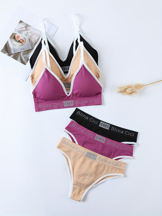 3-piece letter print lingerie set for women, includes a wireless sports bra and elastic panties.