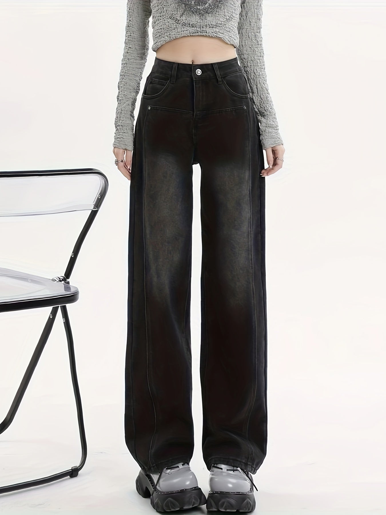 One Women's High-Waisted Wide Leg Jeans in Cotton Blend with Washed Finish, Non-Stretch, Straight Cut, Long Length, All-Season.