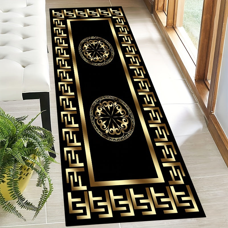 Elegant F-Pattern Runner Rug in Luxurious Golden and Black - Non-Slip, Machine Washable Polyester Carpet for Entryway, Living Room, Bedroom, Outdoor Patio, Garden, and Yard Decor