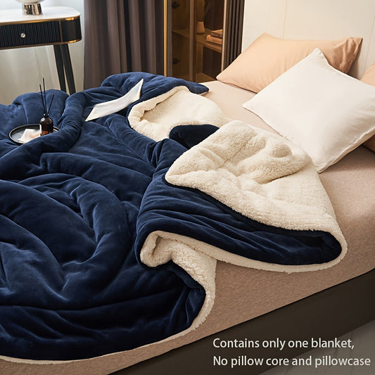 Luxurious Dark Blue Double-Layer Milk Velvet Shearling Throw Blanket - Soft, Warm, Contemporary Style, Machine Washable, All-Season Cozy Nap Blanket for Bed & Sofa - 1pc