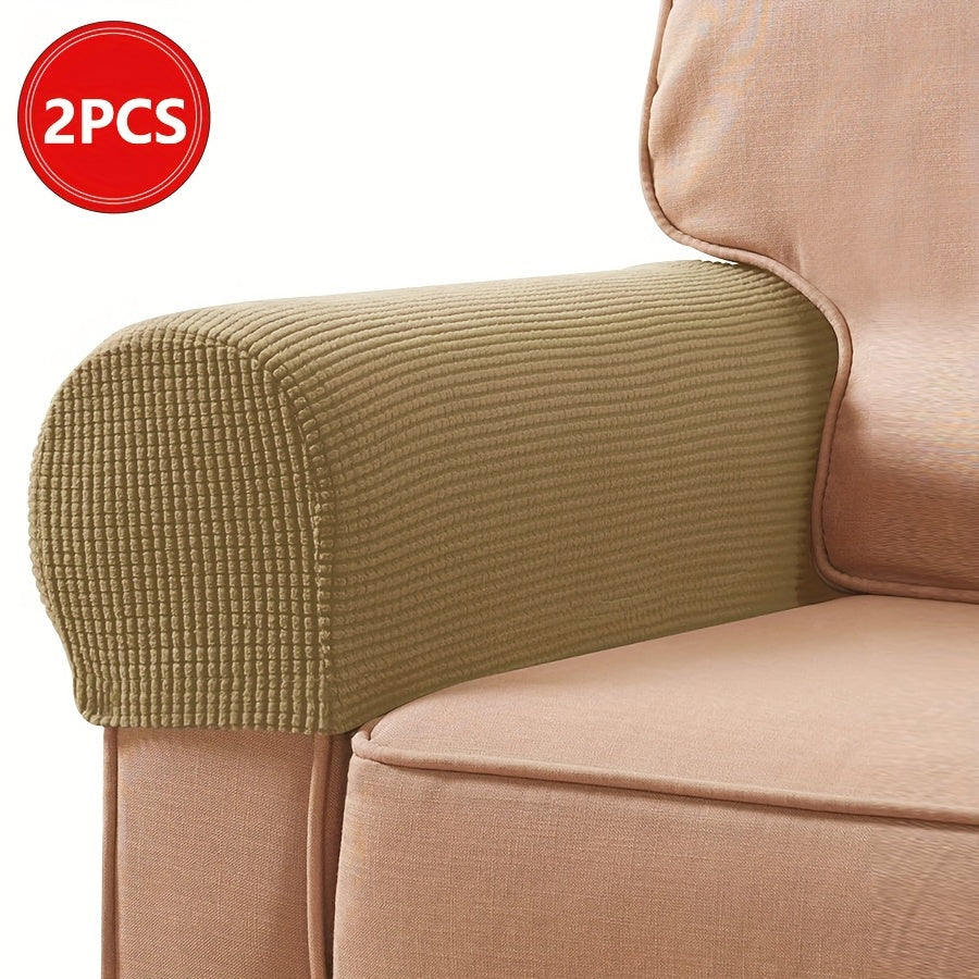 2 Stretch Armrest Covers made of durable spandex blend with plush texture. Scratch & dust resistant, and machine washable. Fits single to four-seater sofas & recliners in various colors.