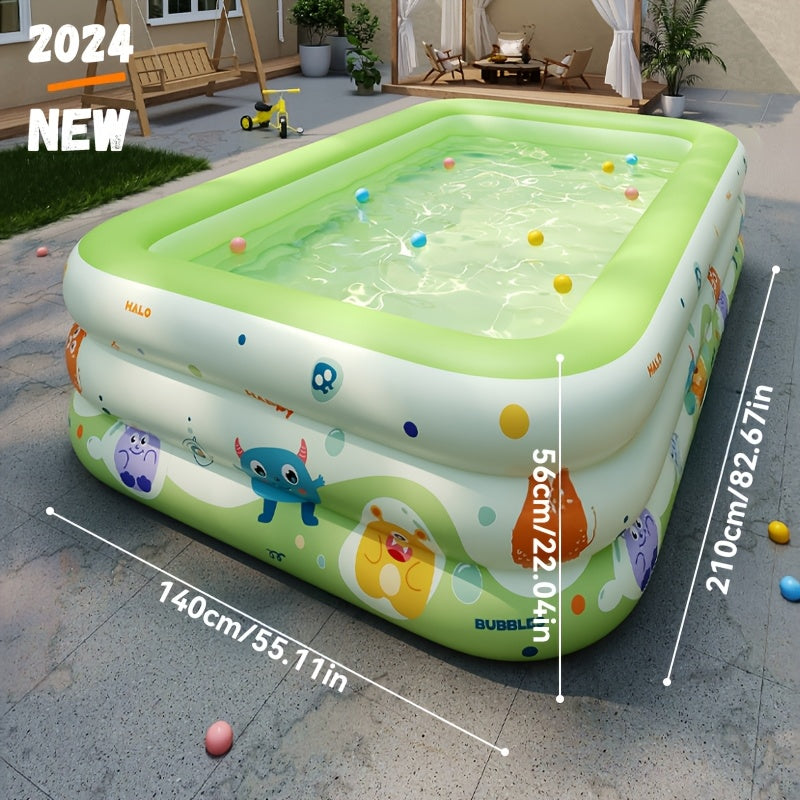 Large family-sized PVC inflatable swimming pool for outdoor parties and water fun. Includes multiple components and does not require electricity. Durable play pool.