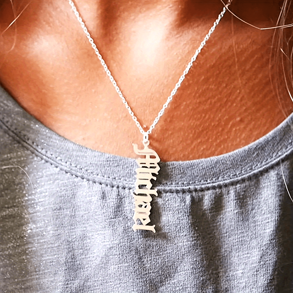 Handcrafted Old English Name Pendant Necklace in Gothic Style, Made of 18K Golden Plated Stainless Steel. This Elegant Unisex Jewelry Piece is Perfect for Graduation, Birthday, Anniversary, Wedding, Christmas, Halloween, or Valentine's Day. A Thoughtful