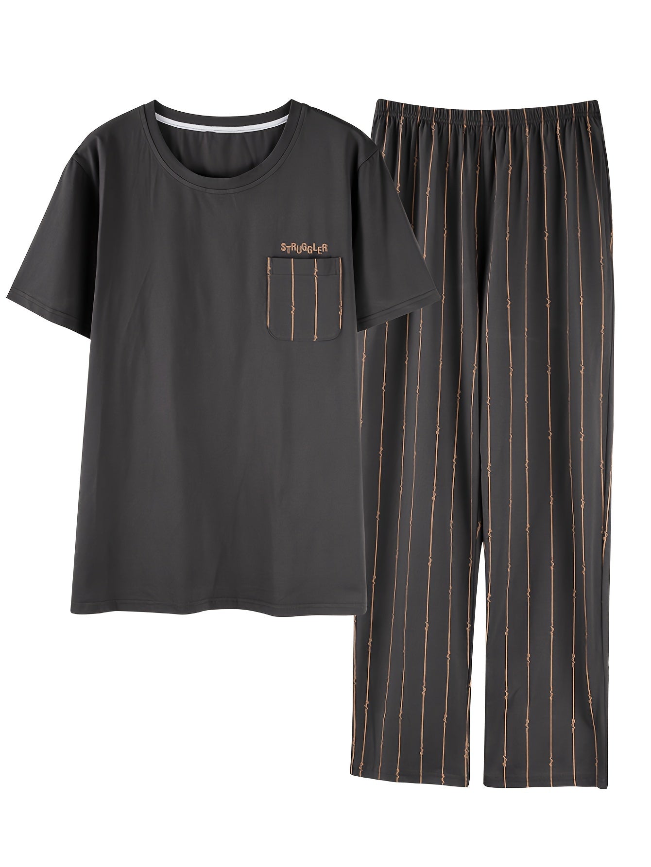 Men's 2-piece simple pocket round neck short sleeve pajama set with striped trousers. Comfortable and skin-friendly for cozy loungewear.