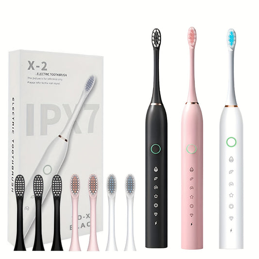 Rechargeable USB electric toothbrush with 6-speed vibration and 28000 VPM power, includes 4 or 8 special soft brush heads for adults.