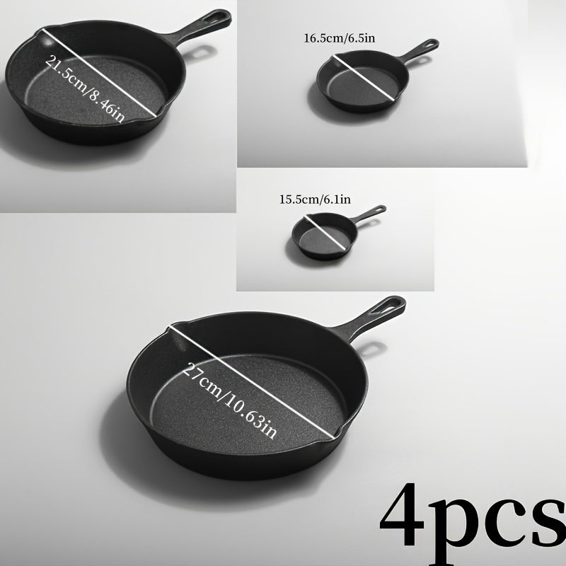 Set of 4 Cast Iron Skillets - Durable and Heavy-Duty, Ideal for Frying and Cooking - Includes 10-inch, 8-inch, and 6-inch Pans with Spatula and Oil Brush - Great for Fried Chicken, Pancakes, Pizza, and More - Essential Kitchen Tools for Professional Chefs