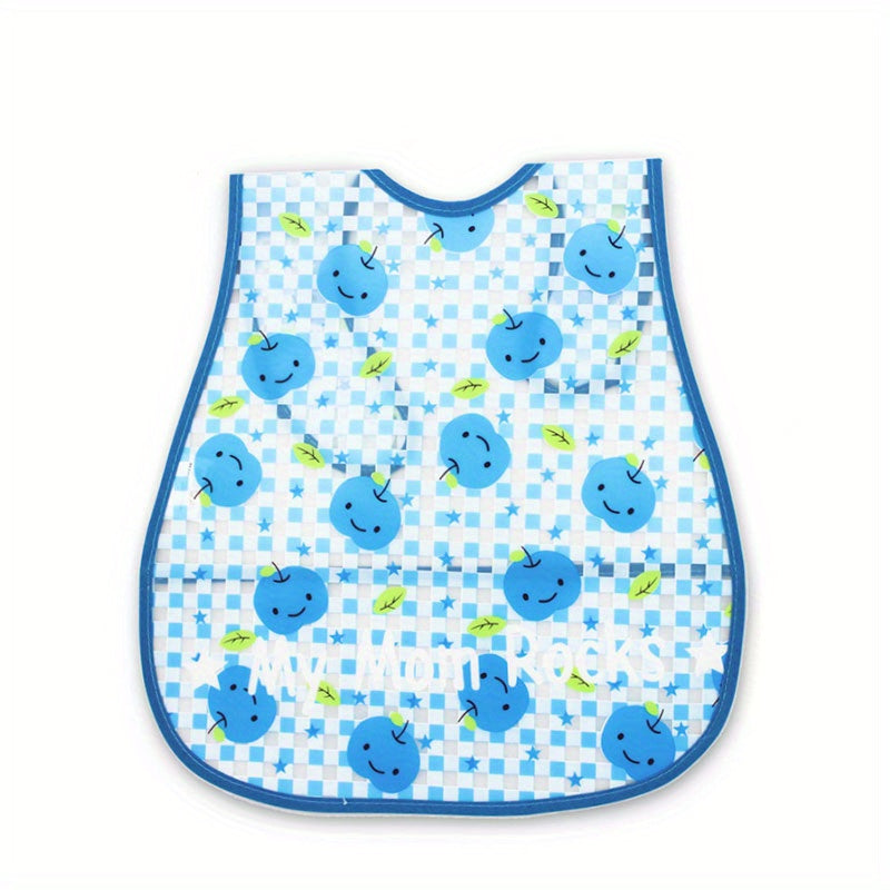 Waterproof bib for boys and girls with snap closure, dirt-resistant pockets, cute strawberry and car prints, made of comfortable EVA material. Suitable for universal feeding, featuring