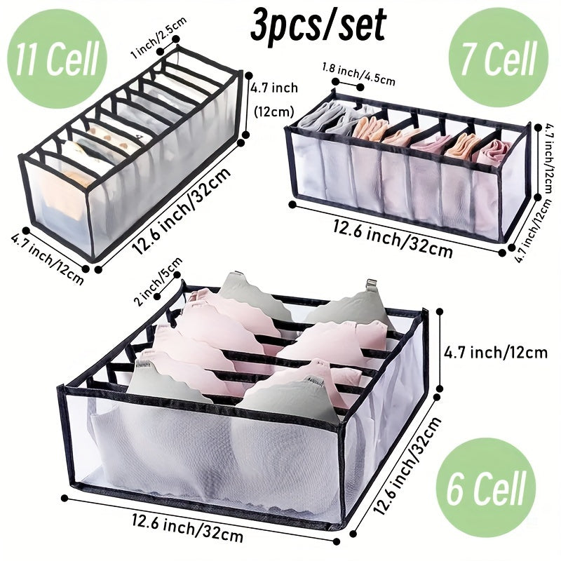 Fabric organizer boxes for underwear and socks in drawers.