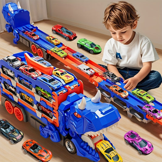 Dinosaur transformation transport track toy with car-swallowing feature, includes 6 mini cars, random colors and styles. Features foldable sliding 56-inch dual race track. Great gift for