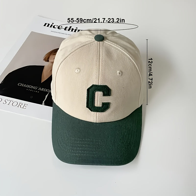 Cotton knit baseball cap with C letter embroidery, adjustable buckle back, lightweight and versatile for all seasons - perfect for outdoor casual wear.