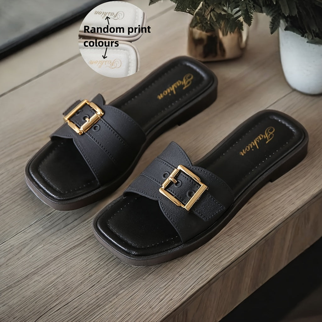 Women's slide sandals with buckle strap design, square open toe, and lightweight construction.