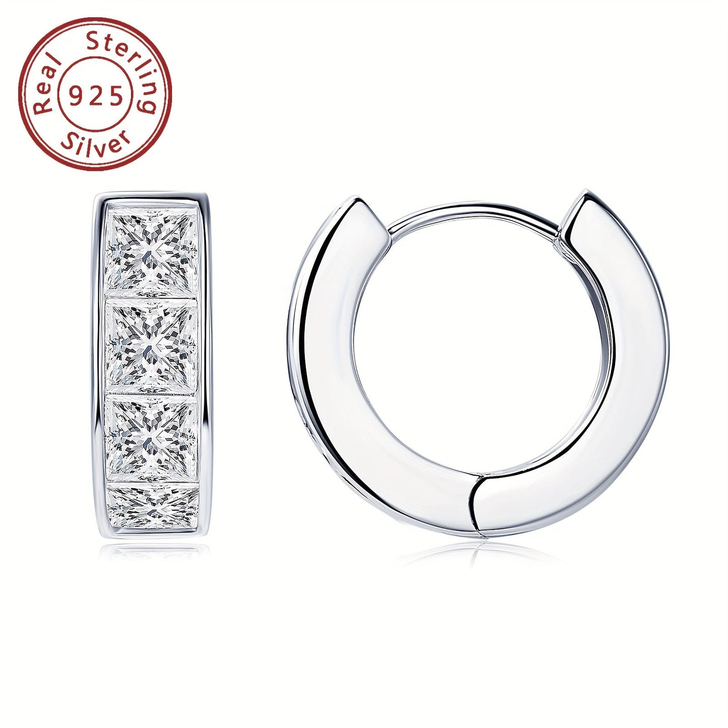 A set of elegant earrings featuring thick Moissanite stones set in 925 silver. These princess square cut earrings showcase an irregular design, creating a unique and eye-catching look. The pure silver earrings are lightweight at 5.5g and feature 8 pieces