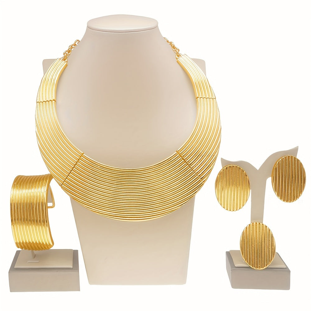 Gold plated women's jewelry set featuring a large round necklace. This elegant and minimalist piece is the perfect holiday gift for any woman who loves accessories.